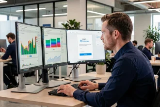 Professionnel IT analysant des tableaux de bord Power BI avec une interface d'authentification sécurisée sur double écran en open space