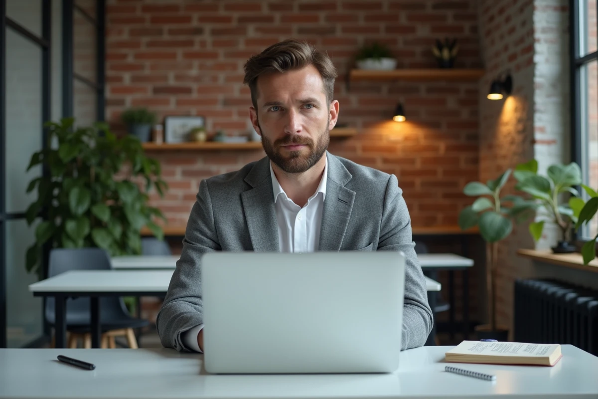Professionnel préparant sa visite au salon Lesentreprisesfrenchy 2026 en consultant le programme en ligne depuis un espace de coworking