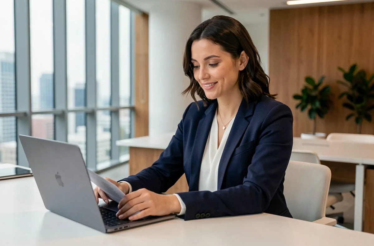 Professionnelle consultante examinant les tarifs d'une plateforme en ligne sur son ordinateur portable dans un bureau moderne