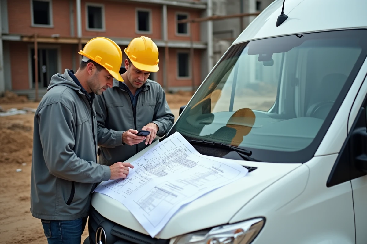 Deux professionnels du BTP calculant le coût réel d'un chantier sur un plan architectural posé sur un véhicule de travail