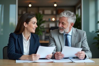 Deux professionnels en réunion dans un bureau moderne