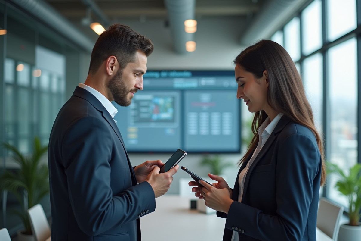 Deux professionnels manipulant des étiquettes connectées en bureau