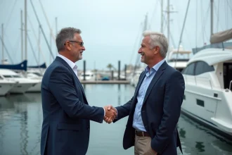 Deux professionnels de l'industrie nautique échangeant des cartes de visite sur un ponton de marina avec des yachts en arrière-plan