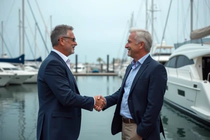 Deux professionnels de l'industrie nautique échangeant des cartes de visite sur un ponton de marina avec des yachts en arrière-plan