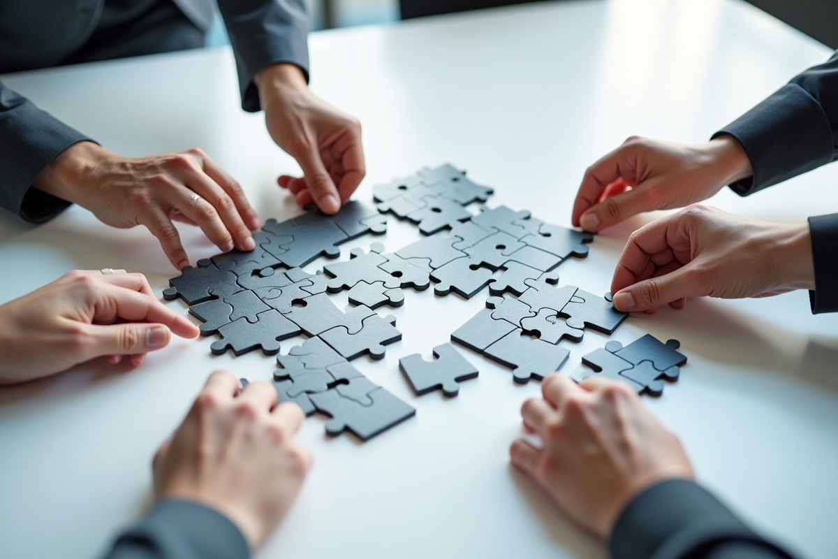 Main de divers partenaires tentant de résoudre un puzzle complexe en entreprise