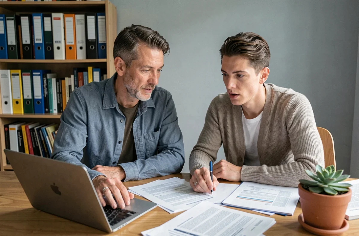 Couple consultant des documents administratifs sur un ordinateur portable pour régulariser un contrat de logement