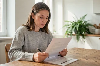 Femme lisant un contrat de résiliation de bail dans un appartement moderne, stylo à la main