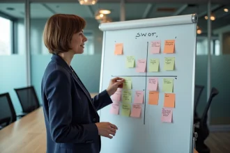 Responsable RH présentant une analyse SWOT sur un tableau blanc lors d'un atelier en entreprise