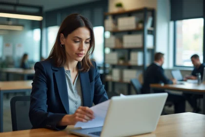 Responsable RH d'une PME consultant un coffre-fort numérique RH sur son ordinateur portable dans un bureau moderne