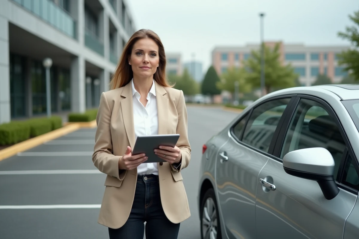 Responsable RH avec une voiture de société dans un parking d'entreprise pour la déclaration de l'avantage en nature