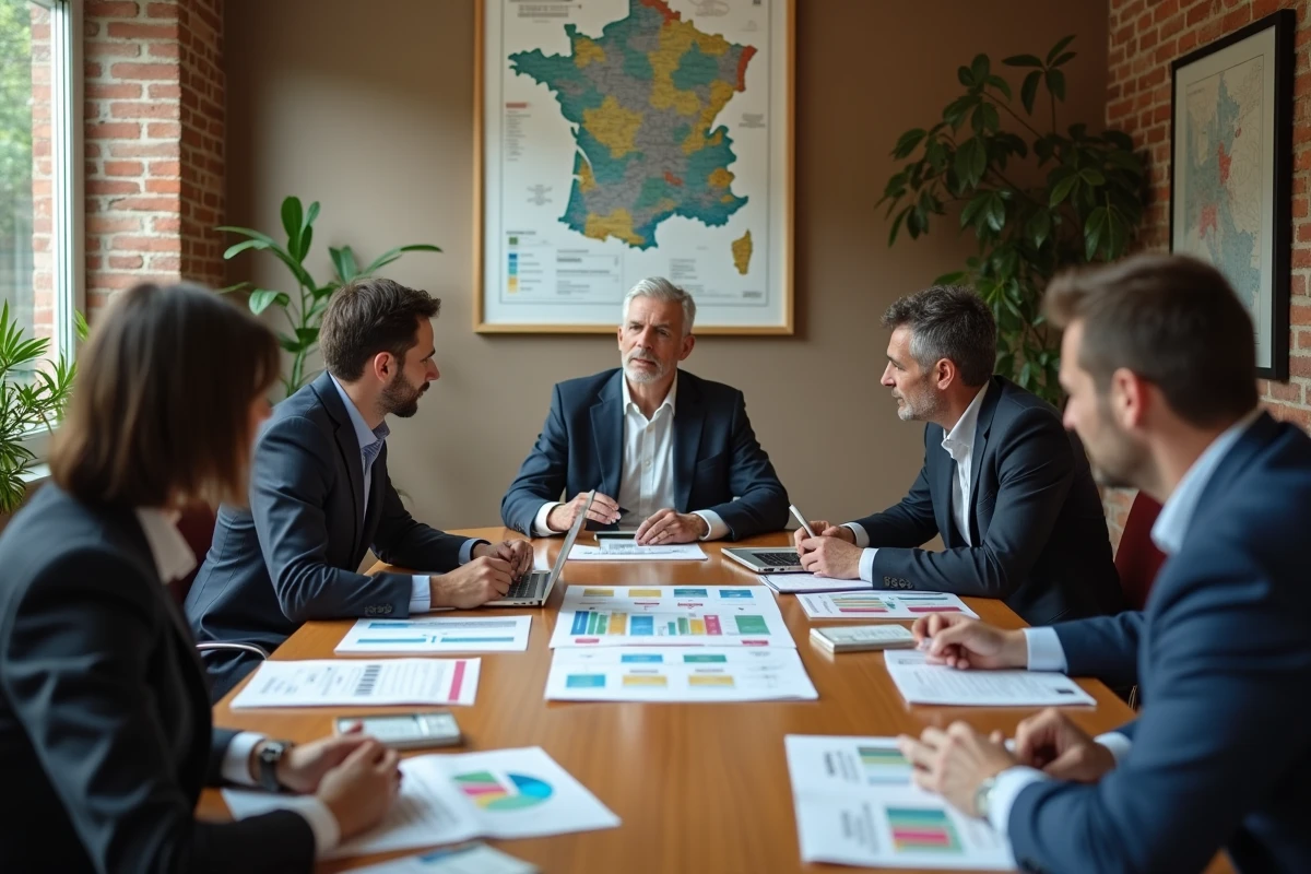 Équipe professionnelle analysant des rapports économiques territoriaux pour convaincre des investisseurs partenaires