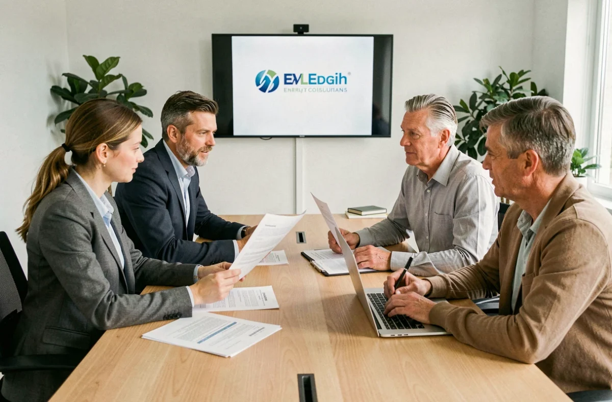 Conseillers en énergie présentant un contrat de maintenance à des propriétaires dans un bureau professionnel, service client énergie renouvelable
