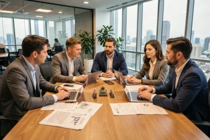 Groupe de salariés réunis en réunion CSE autour d'une table de conférence dans un bureau moderne, comparant des documents relatifs aux avantages du comité social et économique