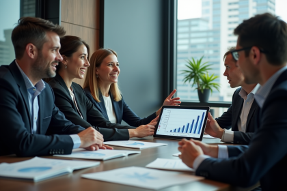 Groupe de professionnels discutant autour d'une table moderne