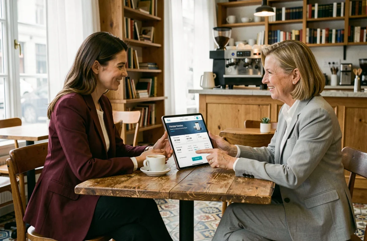 Deux professionnelles discutant des tarifs d'une plateforme de services en ligne lors d'une réunion dans un café moderne
