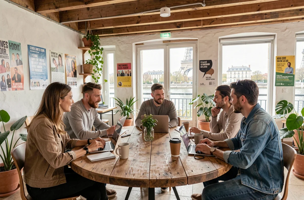 Groupe de trois professionnels en réunion collaborative à La Ruche au Quai des Possibles à Saint-Germain-en-Laye, avec baies vitrées côté Seine