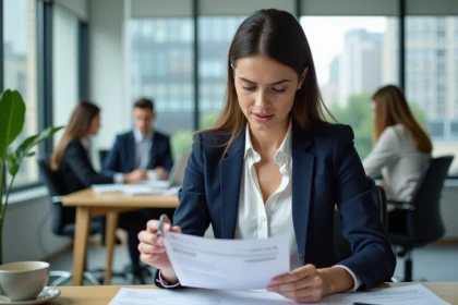 Femme salariée en CDD analysant sa fiche de paie dans un bureau moderne