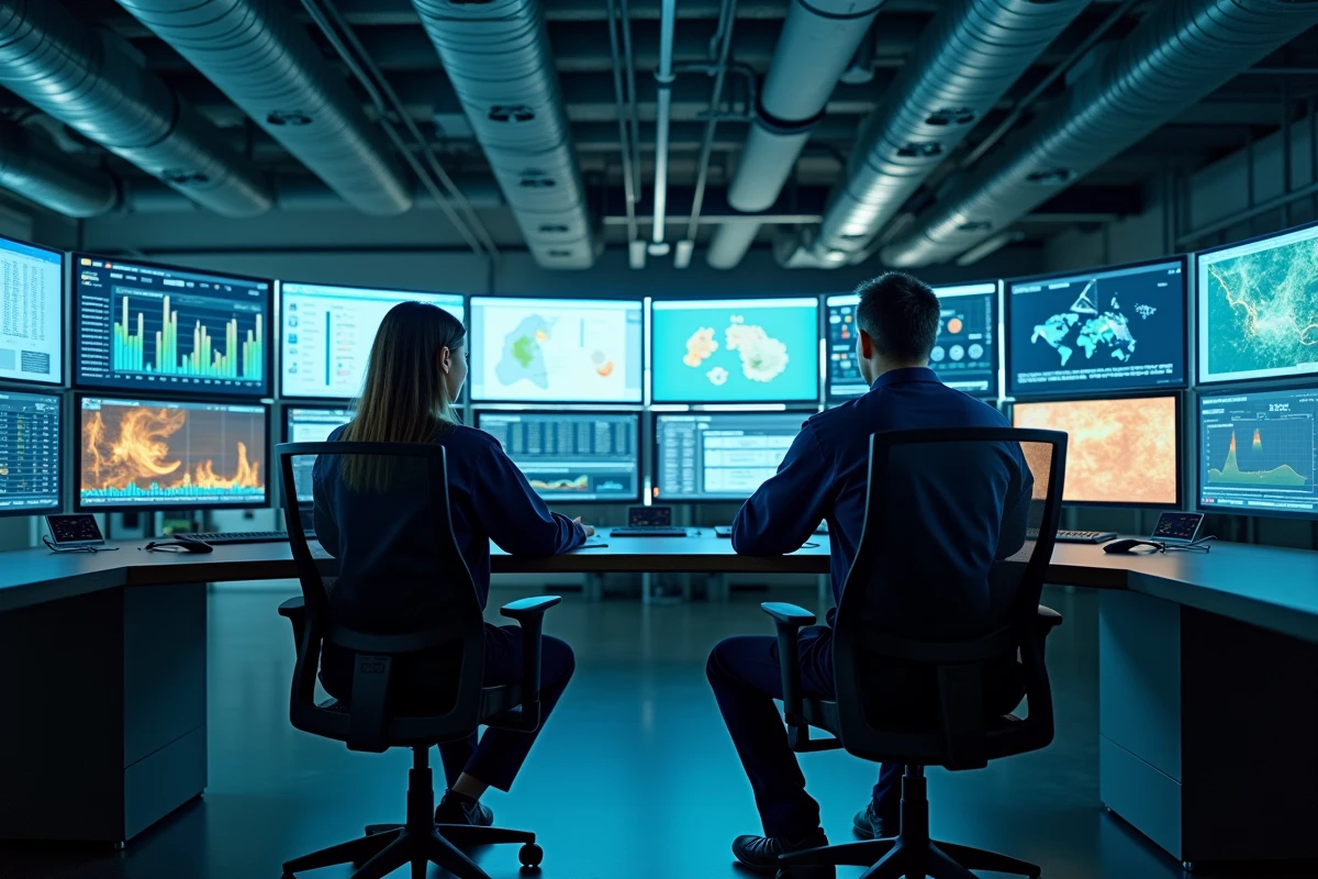 Techniciens surveillant des tableaux de bord de production d'énergie dans une salle de contrôle de bioénergie moderne