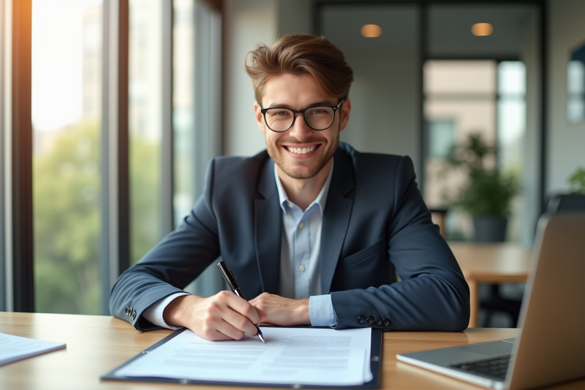 Jeune professionnel signant un contrat de rupture au bureau