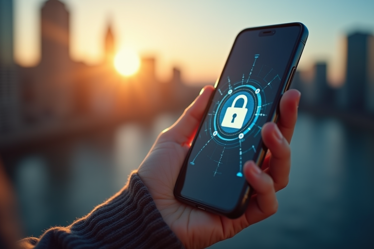Main tenant un smartphone avec un cadenas digital devant Quebec
