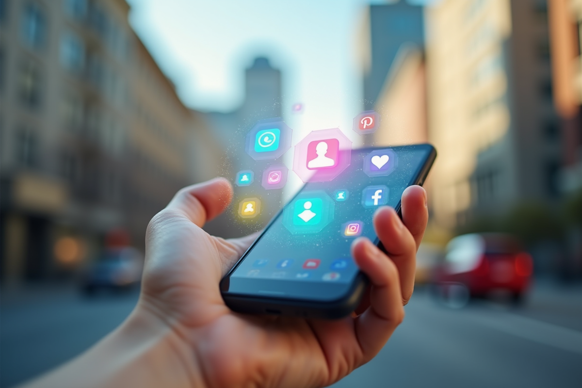 Main tenant un smartphone avec notifications sociales colorées