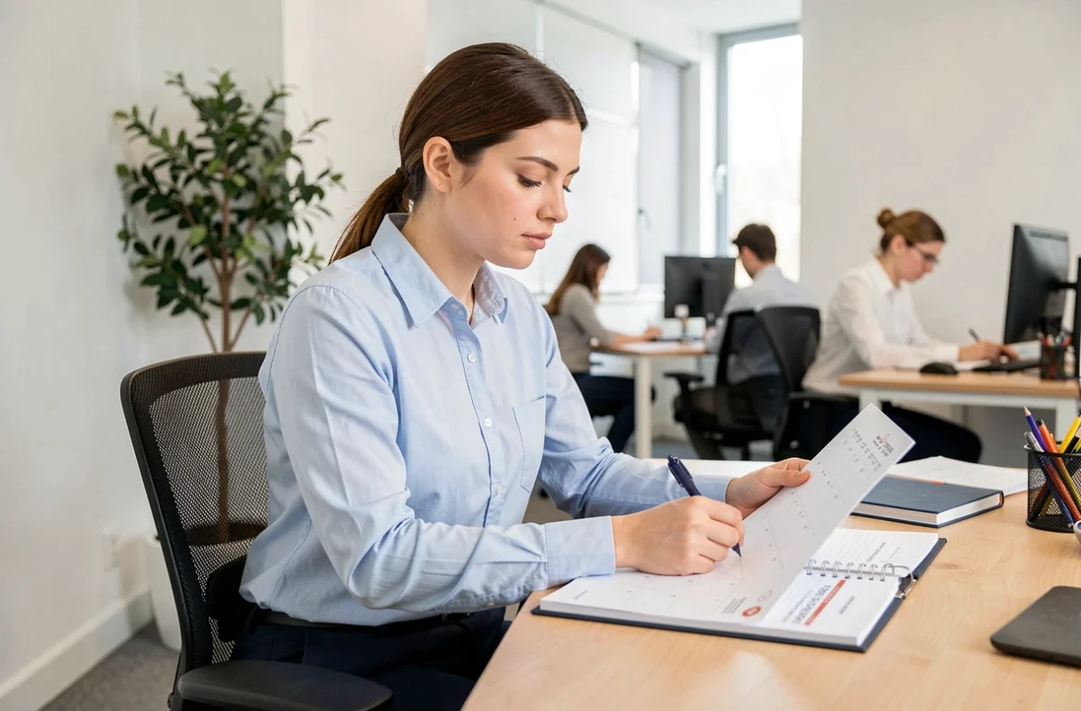 Stagiaire planifiant ses congés et ses examens dans un agenda professionnel au bureau