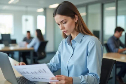 Jeune stagiaire en entreprise consultant des documents de rémunération sur un bureau moderne