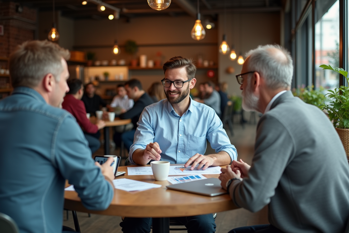 Jeune fondateur discutant avec mentor dans un café urbain