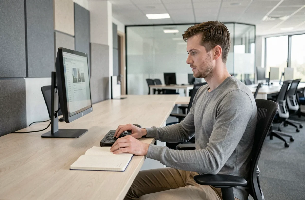 Homme travaillant sur un écran dans l'espace Stop and Work de Saint-Quentin-en-Yvelines, cadre professionnel moderne avec cloisons acoustiques