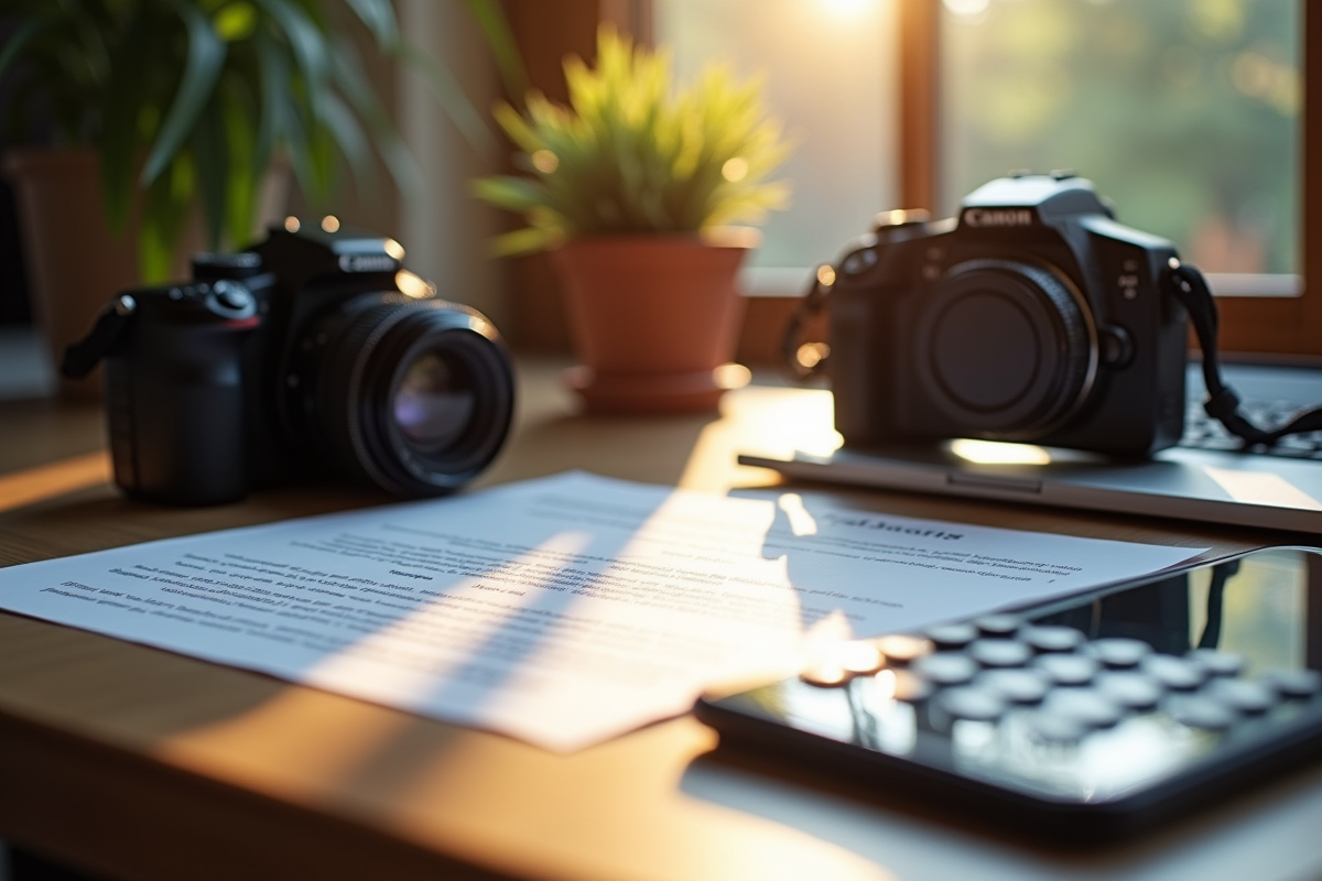 Bureau de photographe avec contrat et appareil photo