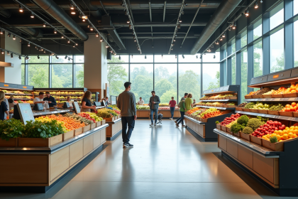 Supermarché futuriste en 2030 avec robots et caisses automatiques
