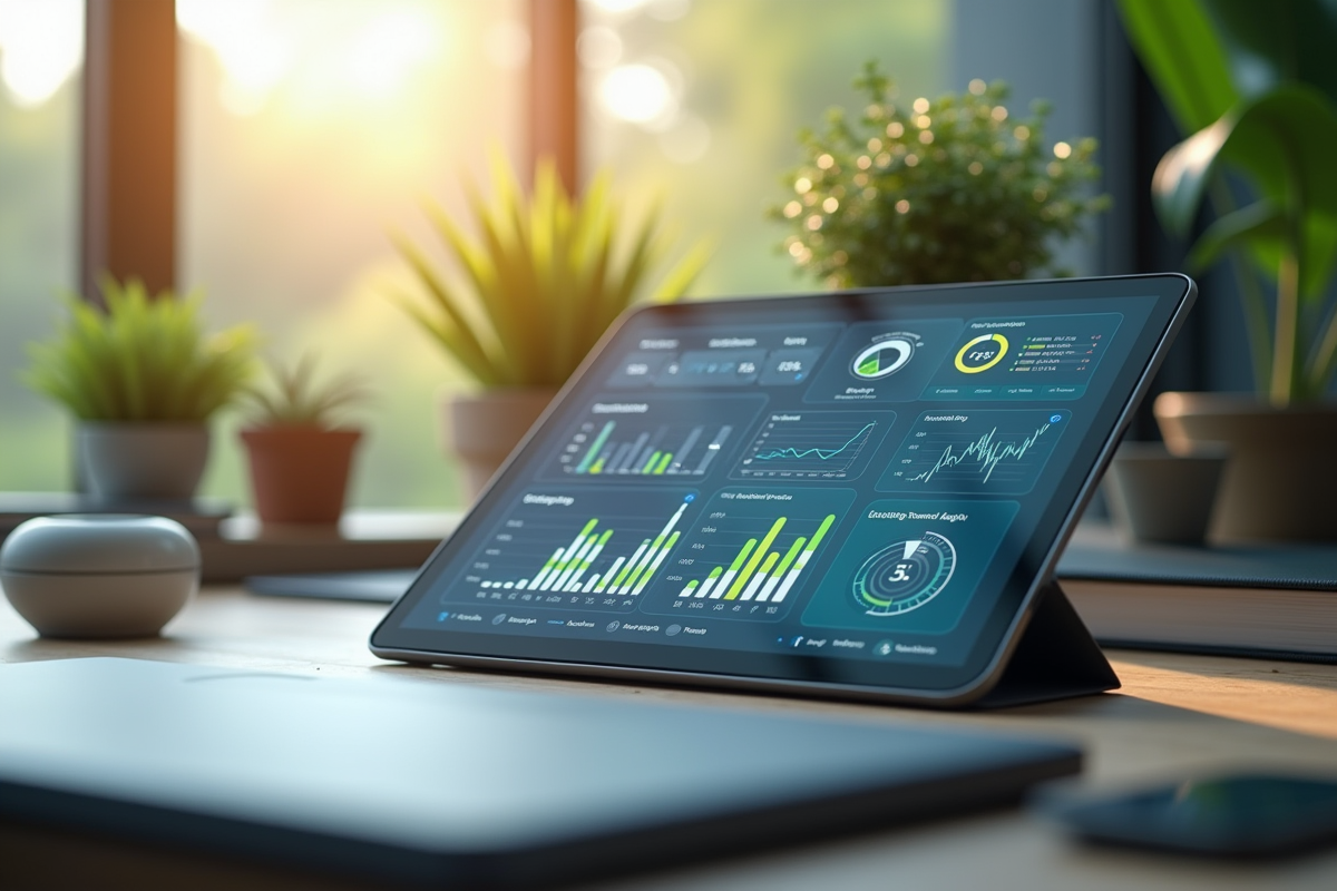 Tablette avec graphiques futuristes et statistiques environnementales
