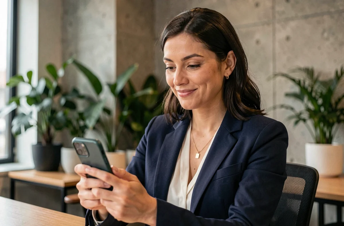 Professionnelle confiante consultant son smartphone dans un espace de coworking moderne, illustrant l'attractivité discrète d'une approche de recrutement innovante