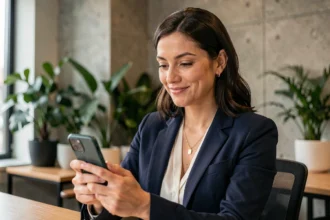 Professionnelle confiante consultant son smartphone dans un espace de coworking moderne, illustrant l'attractivité discrète d'une approche de recrutement innovante