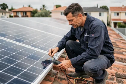 Technicien en maintenance inspectant un panneau solaire sur un toit résidentiel avec un outil de diagnostic, contrat de maintenance énergie solaire