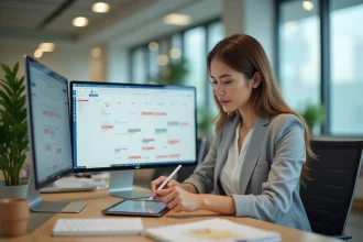 Femme professionnelle comparant Google Agenda et une nouvelle application d'agenda sur deux écrans dans un bureau moderne