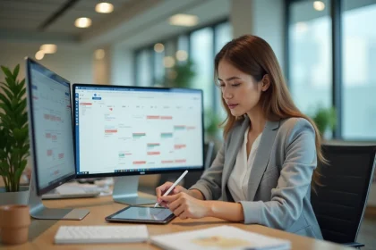 Femme professionnelle comparant Google Agenda et une nouvelle application d'agenda sur deux écrans dans un bureau moderne