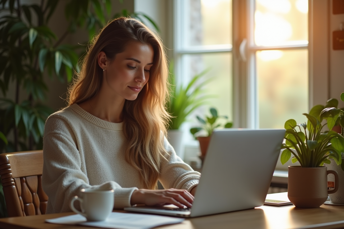 Travailleur à domicile concentré sur son ordinateur dans un cadre cosy