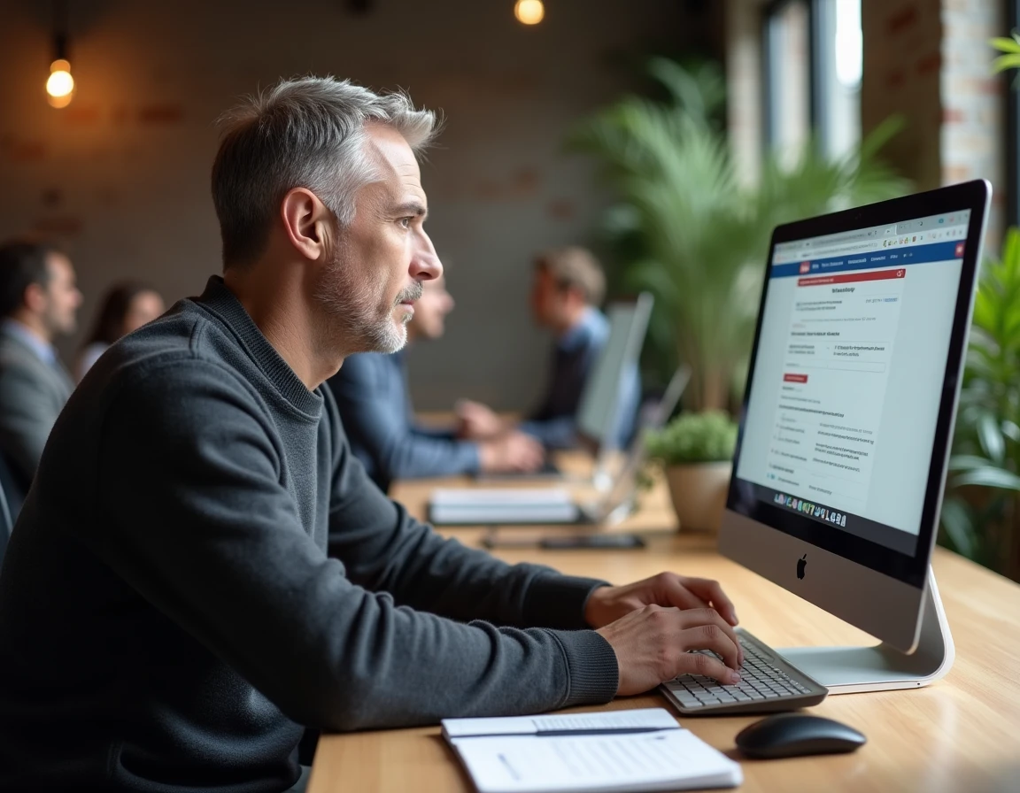 Homme utilisant les téléservices administratifs dans un espace de coworking moderne