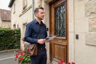 Vendeur porte à porte en chemise bleue tenant une brochure devant une porte d'entrée de maison individuelle en banlieue française