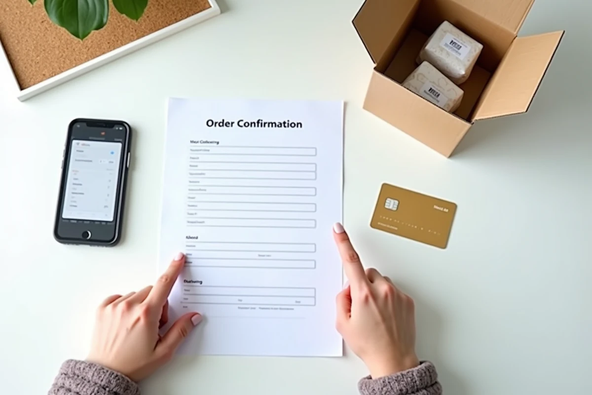 Vérification d'une commande en ligne avec confirmation d'achat et colis reçu d'un site e-commerce