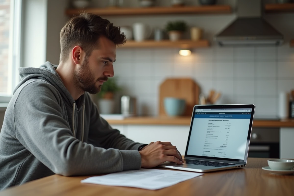 Jeune actif vérifiant en ligne ses cotisations Urssaf sur le site officiel avec sa fiche de paie à côté
