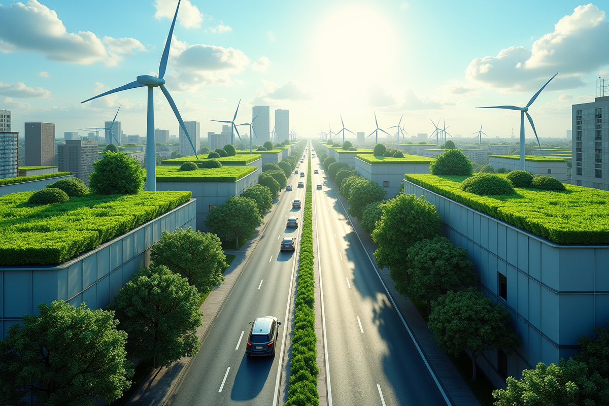 Vue aérienne d une ville verte avec toits végétalisés et éoliennes